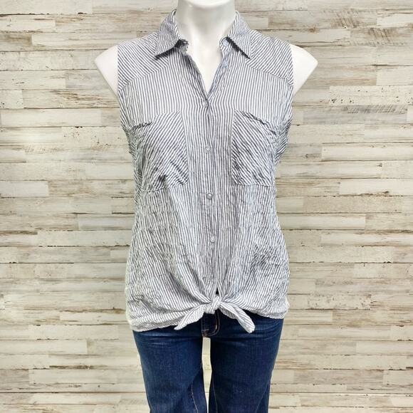 Anthro Drew Striped Top Womens Size S Blue Gray Crinkle Front Knit Back - Picture 2 of 15